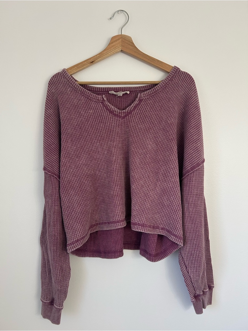 Wild Skye Washed Rose Waffle-Knit Long Sleeve Cropped Distressed Sweater